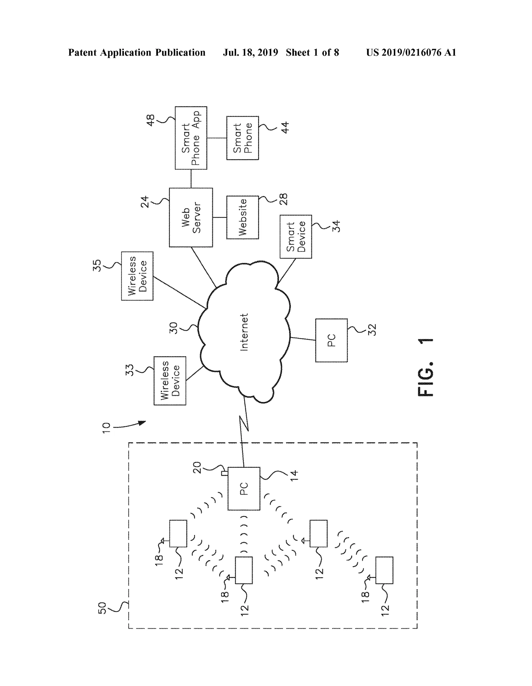 A schematic labeled FIG. 1 shows a dashed enclosure containing four boxy electronic rodent traps (12), each with a small antenna (18), sending wireless signal arcs to a central PC/base station (14) fitted with its own antenna (20); the base station links via a lightning-bolt wireless signal to a cloud labeled 'Internet' (30), which in turn connects outward to boxes labeled Wireless Device, Web Server, Website, Smart Device, PC, Smart Phone App, and Smart Phone.
