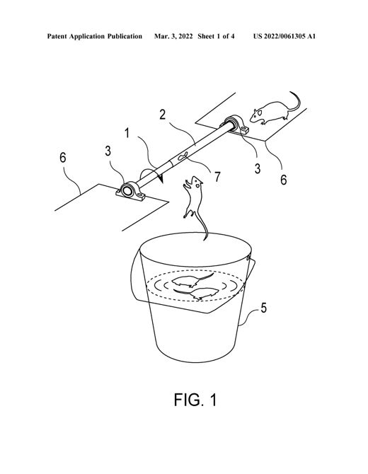 An isometric drawing shows a rod-like roller mounted on two pillow block bearings above a bucket of water, with two rats on angled platforms approaching the roller and another rat falling into the water below.