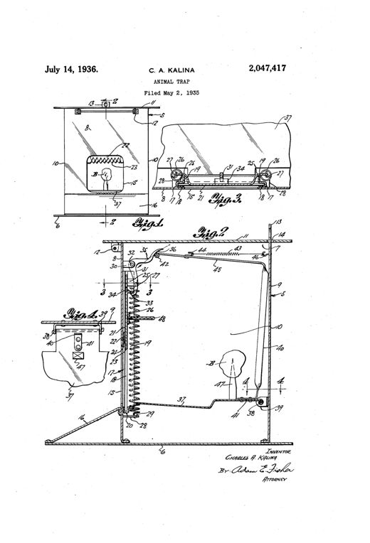 Patent drawing showing a boxy animal trap housing with a toothed sliding door held open by a spring-loaded trigger crank, an internal hinged trip pan with bait spike, and coil springs along vertical guide strips that snap the door shut when the pan is depressed.