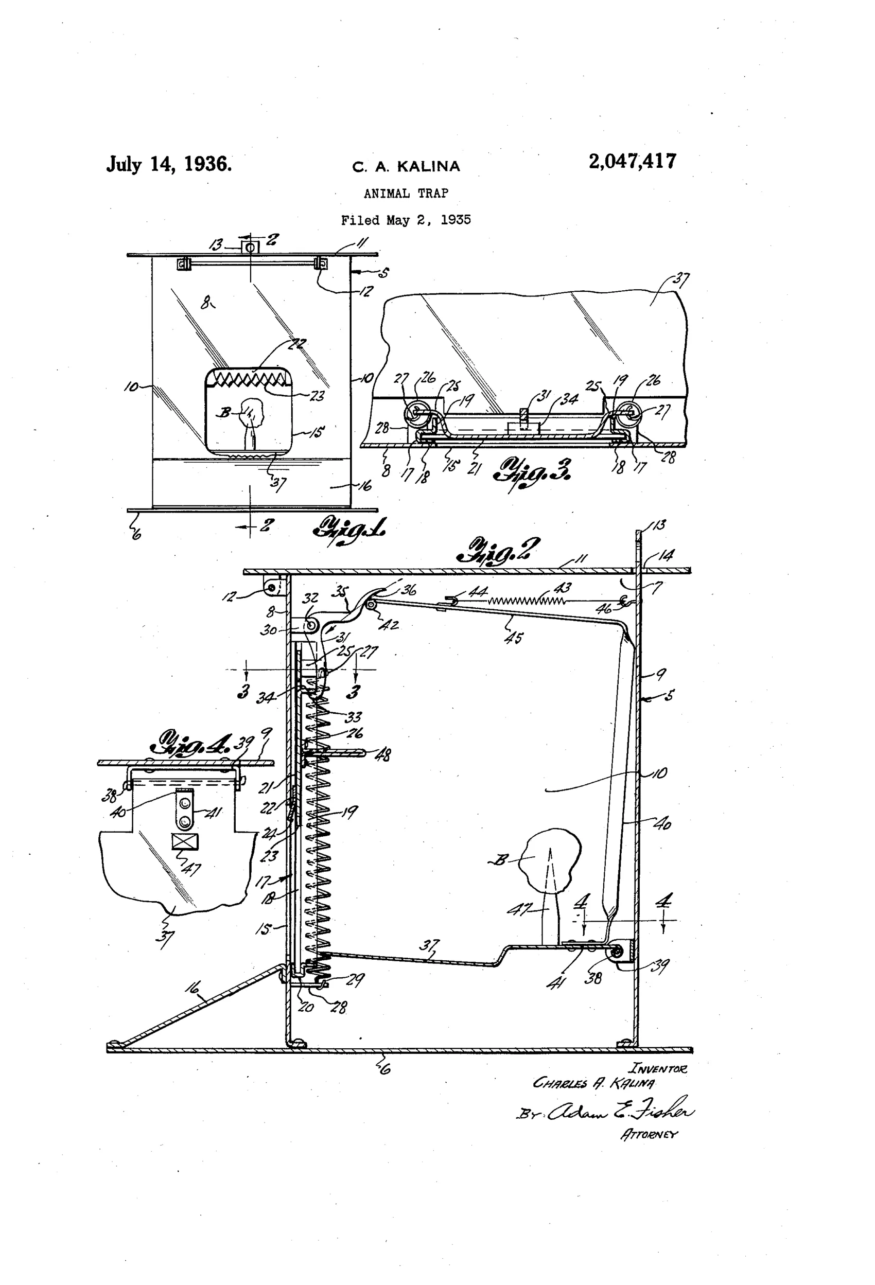 Patent drawing showing a boxy animal trap housing with a toothed sliding door held open by a spring-loaded trigger crank, an internal hinged trip pan with bait spike, and coil springs along vertical guide strips that snap the door shut when the pan is depressed.