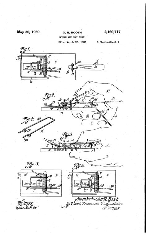 Technical patent drawing of a wooden rectangular mouse/rat trap base with a wire holder loop, coiled central spring, bait bar with latch, and a pivoted safety lever for raising the bait bar, shown in multiple views including hands operating the trap.