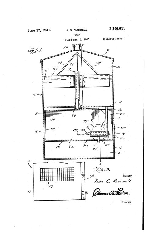 Cross-sectional patent drawing of a house-shaped rat trap showing an upper fluid compartment with a float, a connecting rod through a tubular guide, and a lower compartment containing a movable animal chamber with a bait pan and treadle, alongside a wire mesh exit cage.