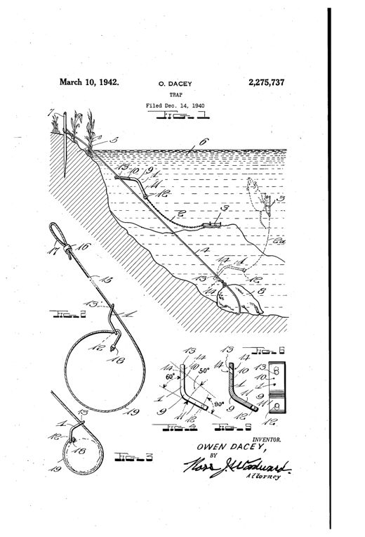 Patent drawing showing a jaw trap anchored underwater by a chain and diagonal line running to a stake on the bank, with a bent metal slide plate locking the line, plus detail views of the slide plate and a wire snare noose.