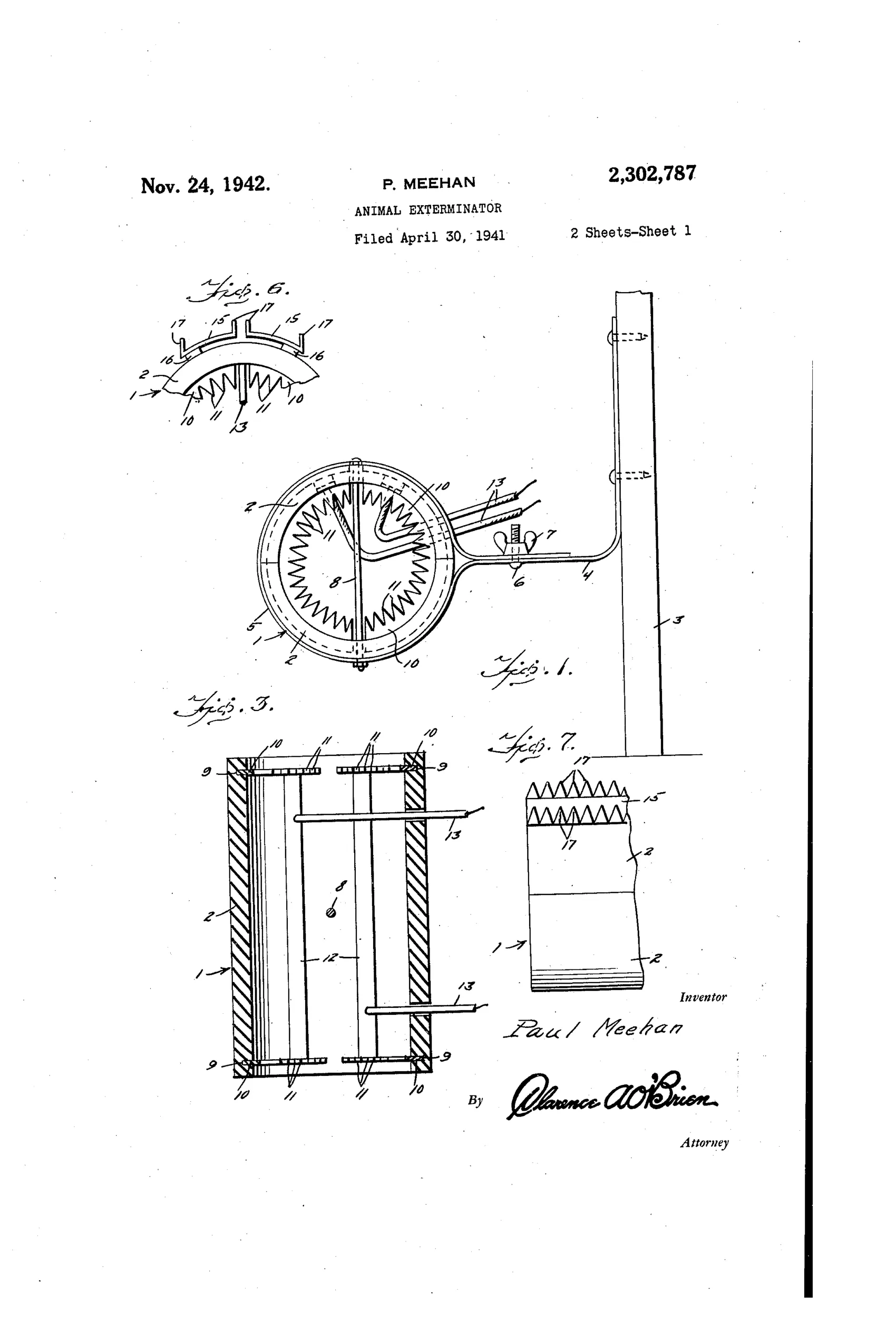 Patent drawing of a cylindrical animal exterminator mounted on a post, showing a split two-piece insulating cylinder with toothed electrical contacts inside, a bait-holding bolt through the center, wires entering the cylinder, and a separate bird-killing variant with rows of sharp teeth mounted on an arched surface.