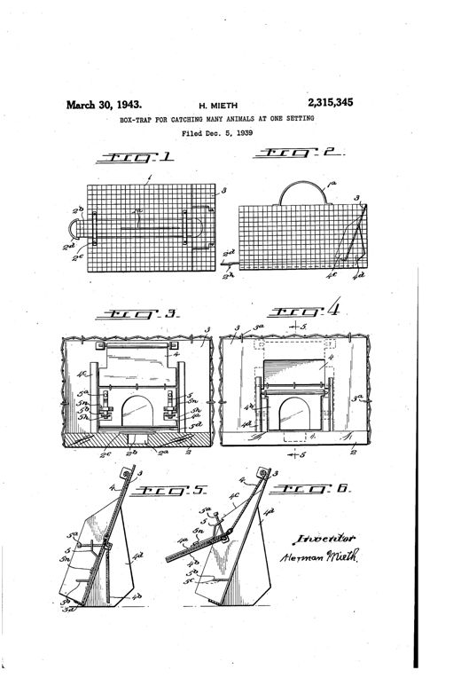 Patent drawing of a rectangular wire-mesh box trap with a sloping front wall showing a hinged double door mechanism (inner and outer wing-doors) with baffle plates and latches, plus a top plan view of the internal food container and cross-sections illustrating the doors in locked and open positions.