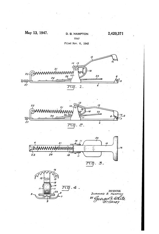 Technical patent drawing of a gopher trap showing a base with fixed toothed cross-bar jaw, a pivoting lever with a curved toothed jaw and coil spring, and a spring-loaded treadle between bearing brackets, illustrated in open, closed, top, and end views.