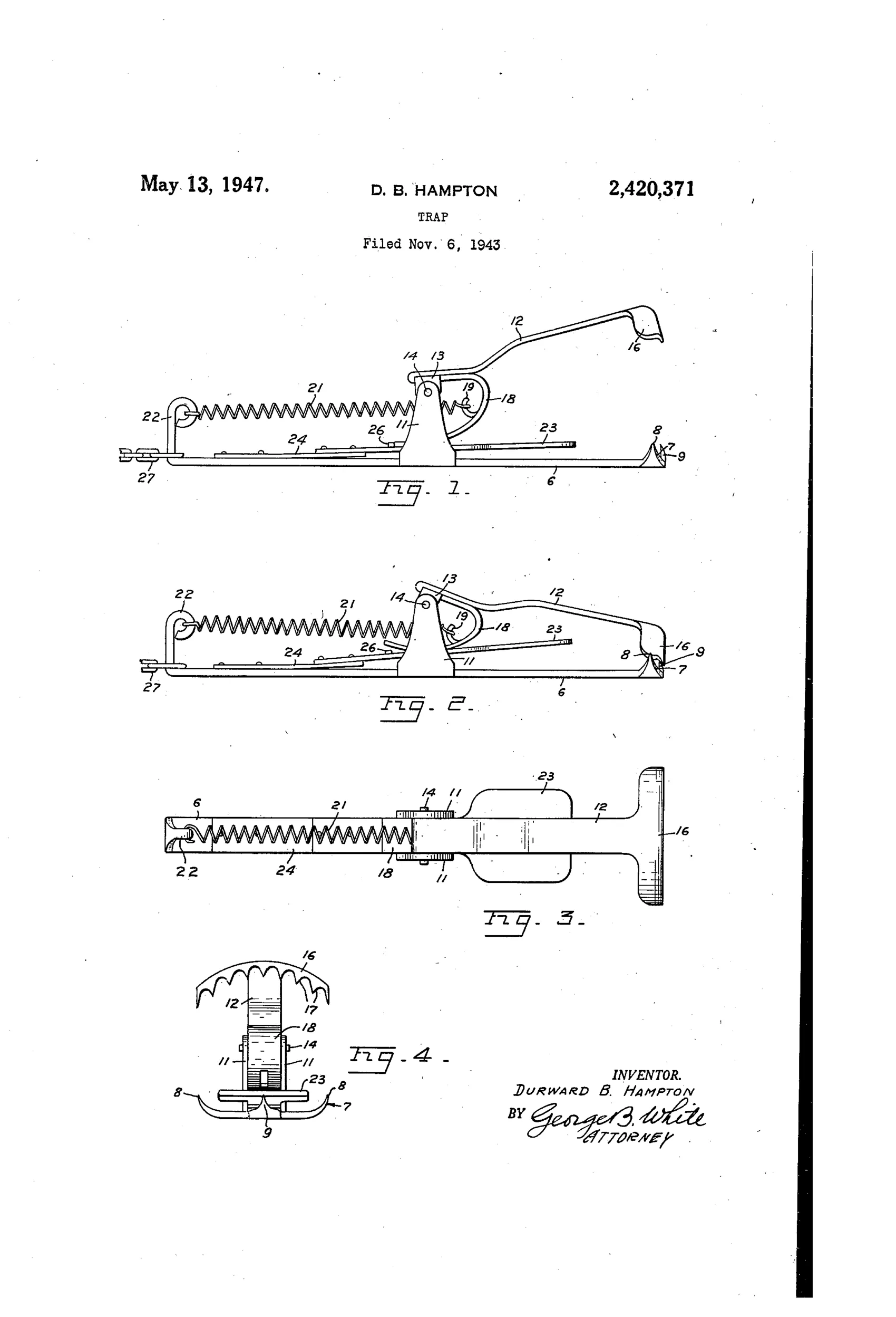 Technical patent drawing of a gopher trap showing a base with fixed toothed cross-bar jaw, a pivoting lever with a curved toothed jaw and coil spring, and a spring-loaded treadle between bearing brackets, illustrated in open, closed, top, and end views.
