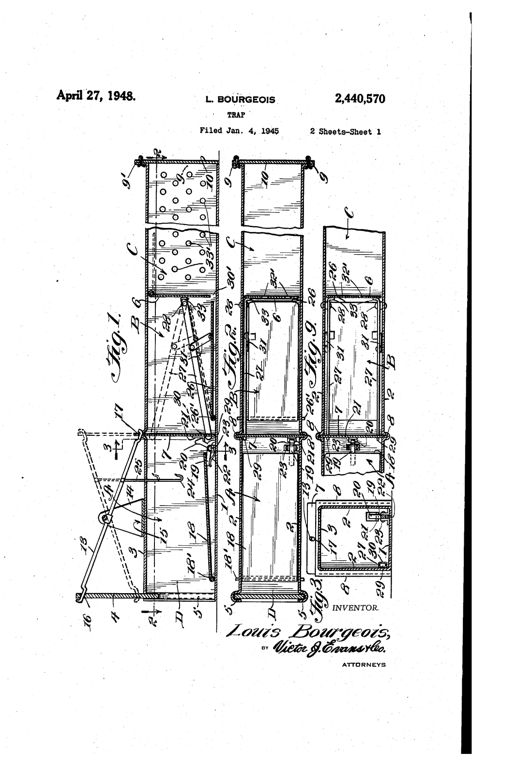 Patent drawing of an elongated rectangular tubular animal trap box showing a sliding front door, internal hinged and sliding partitions forming successive chambers A, B, and C, an oscillating overhead bar linking the door and partitions, pivoted floor plates acting as treadles, and a perspective view of the trap attached to a larger perforated jail box with a sliding lid and screened vent.
