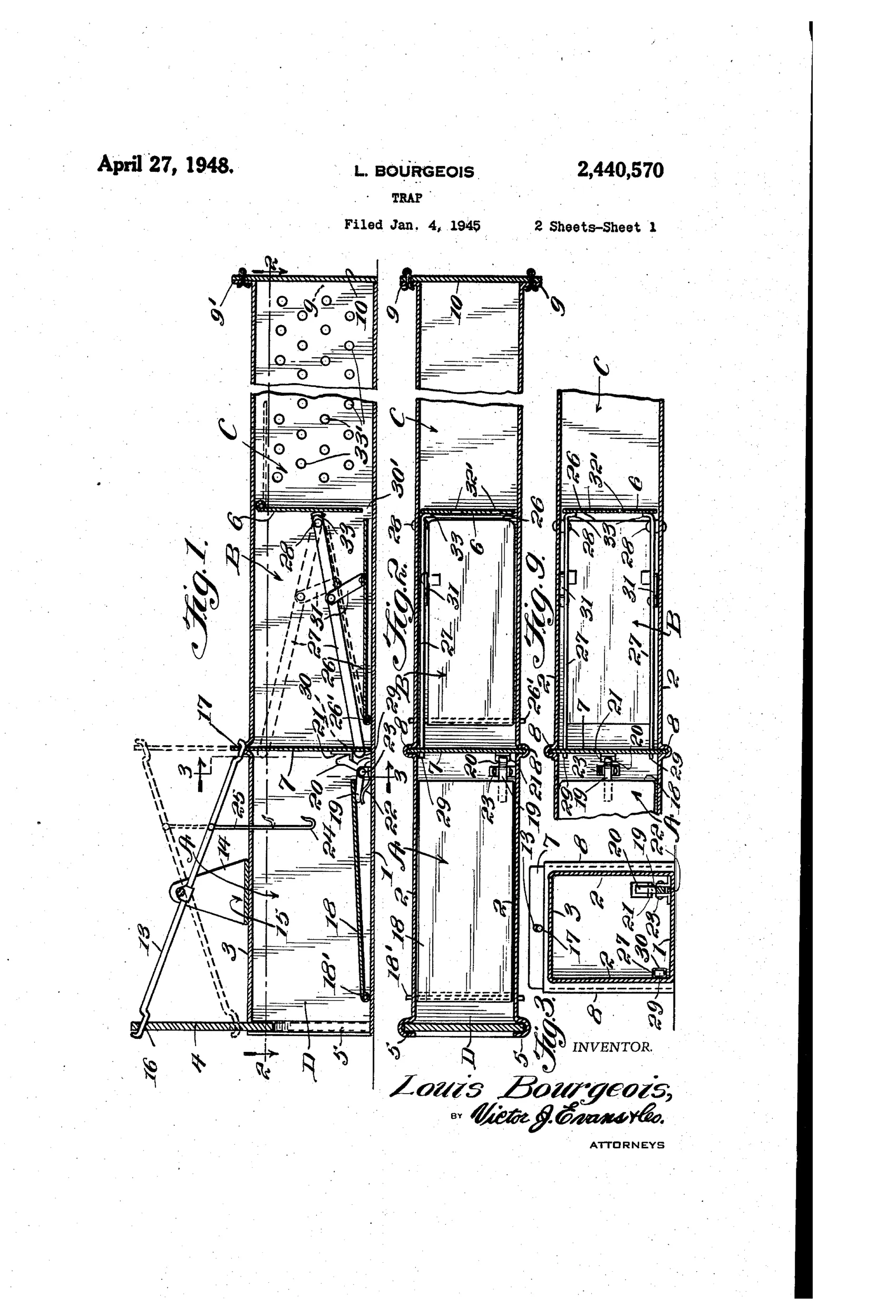Patent drawing of an elongated rectangular tubular animal trap box showing a sliding front door, internal hinged and sliding partitions forming successive chambers A, B, and C, an oscillating overhead bar linking the door and partitions, pivoted floor plates acting as treadles, and a perspective view of the trap attached to a larger perforated jail box with a sliding lid and screened vent.