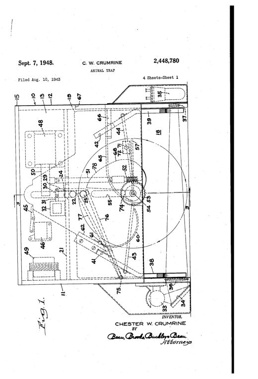 Mechanical line drawing of a boxy metal animal trap casing showing internal doors, pivoted sweep bars, a rotating grid shaft, stripping grid, and an electrical wiring diagram with a photoelectric cell, relay, and transformer.