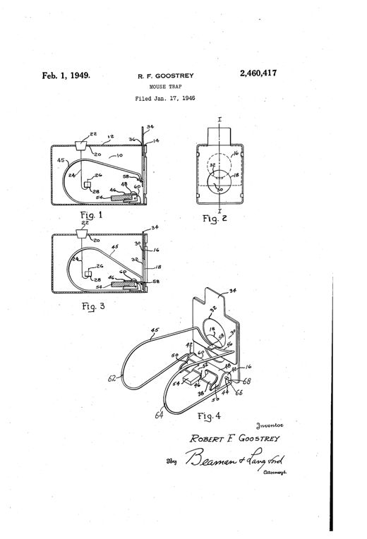 Patent drawing showing a rectangular sheet metal mousetrap casing with a sliding jaw plate, wire spring, and pivoting baited trigger, illustrated in four figures including a perspective exploded view of the spring and trigger assembly.