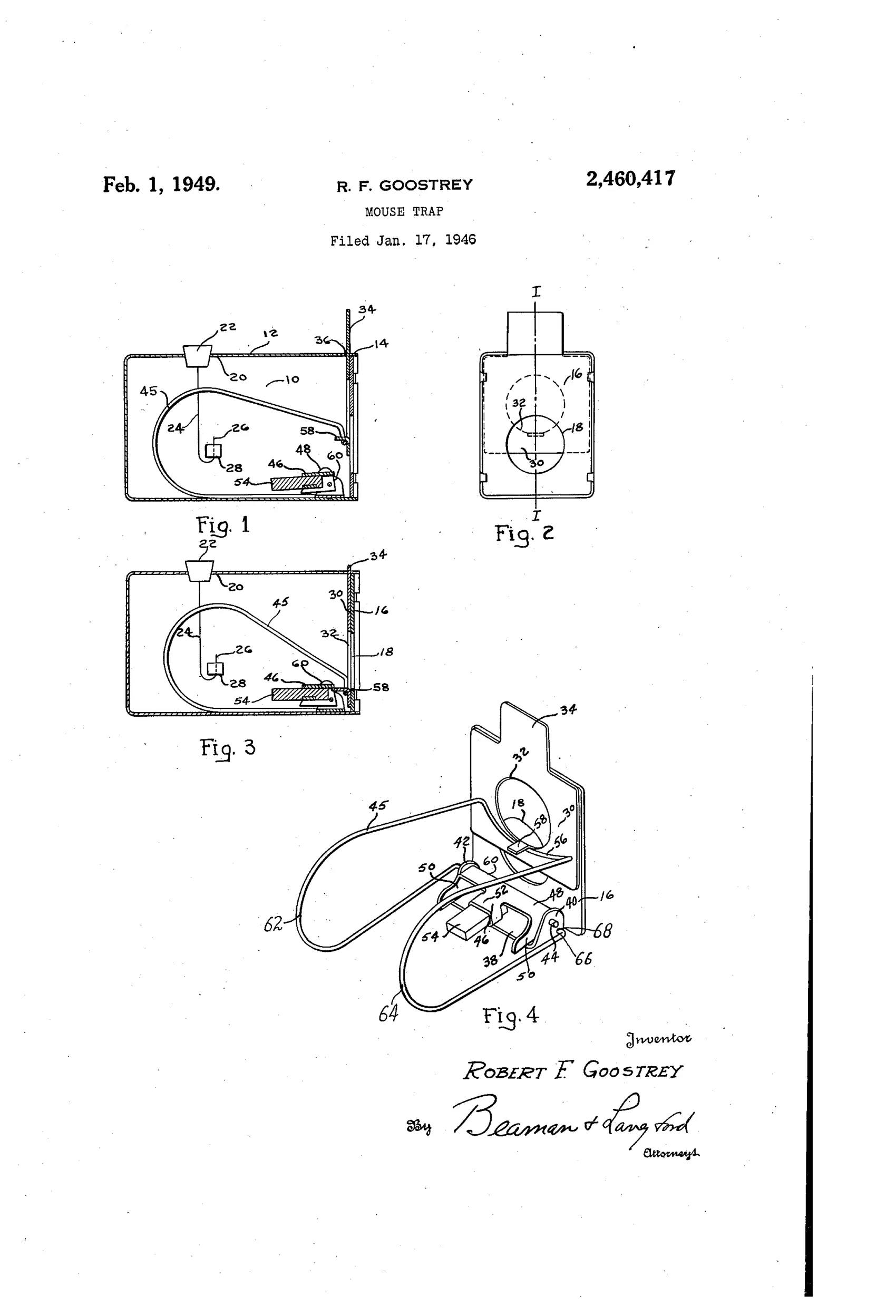 Patent drawing showing a rectangular sheet metal mousetrap casing with a sliding jaw plate, wire spring, and pivoting baited trigger, illustrated in four figures including a perspective exploded view of the spring and trigger assembly.
