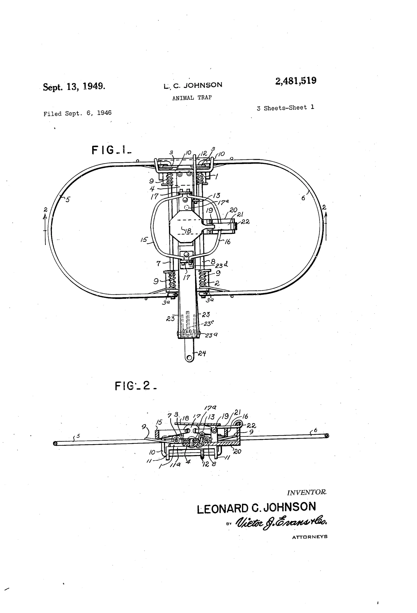 Patent drawing of a dual animal trap showing two oval outer spring jaws (5,6) hinged at rock bars, a central smaller inner jaw pair (15,16) with a tilting bait plate (18) and trigger (21), a yoke latch (10) and latch-keeper (12), and a chain-and-ring safety device (13,14) securing the latch-keeper, all mounted on a common base plate (4) with anchoring arm (24).