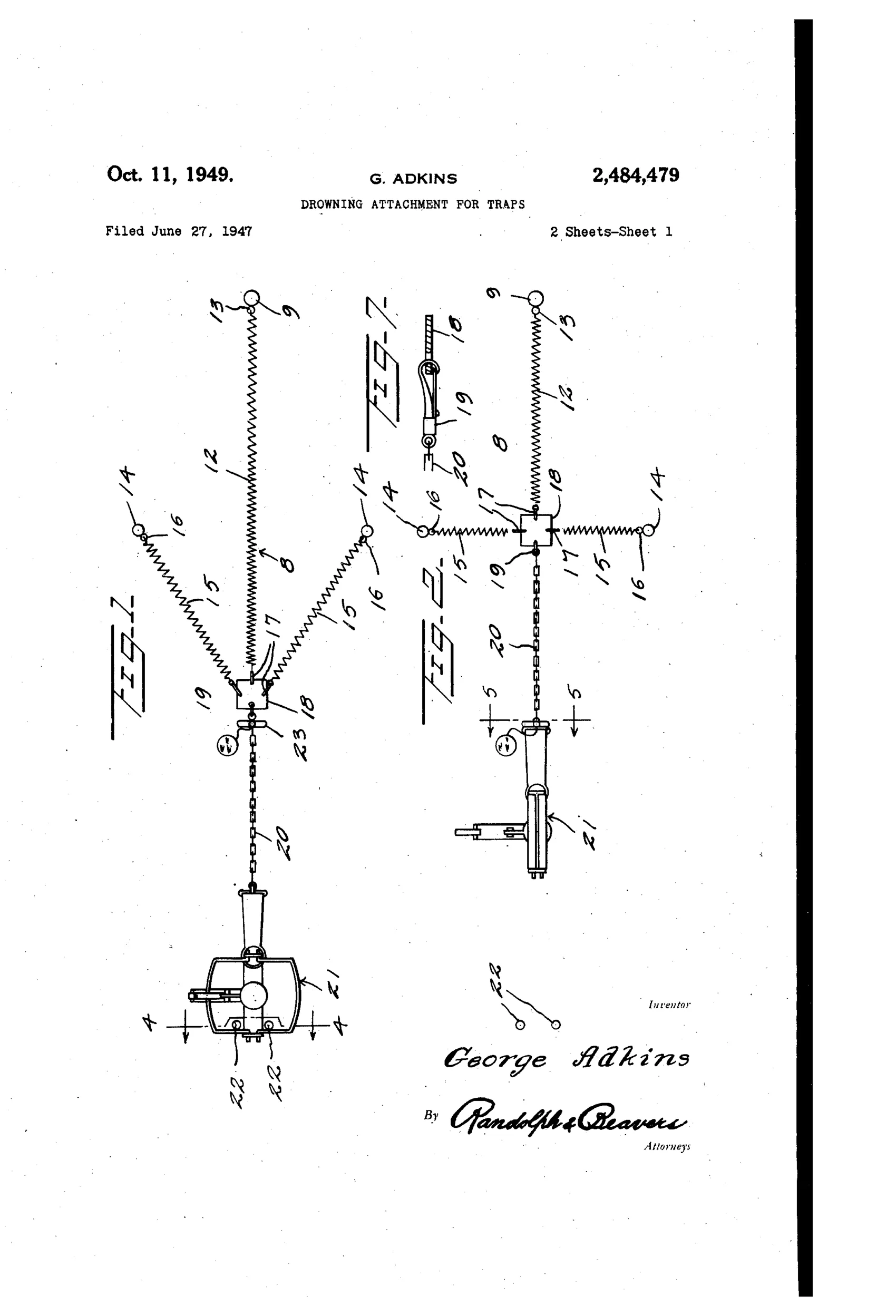 Patent drawing showing a jaw trap connected by chain to a plate with two zigzag springs stretched to side stakes and one long spring to a central stake, illustrated in both set (V-shaped) and released (straight-line) configurations, with a separate cross-sectional detail of a forked stake and float line marker.