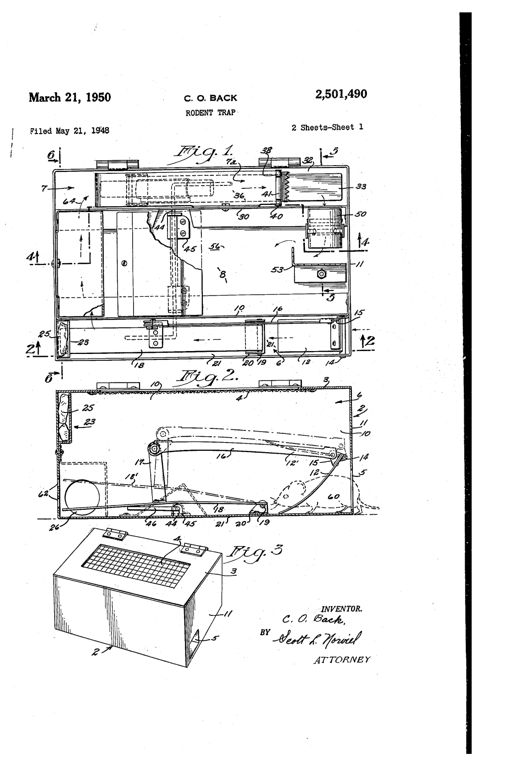 Patent drawing of a rectangular metal rodent trap case showing internal partitions forming an entrance runway, transverse passageway, reset runway, and central pen, with hinged floor plates, cranks, links, a rolling-ball positioning tube, and non-return gates labeled with numbered reference lines.