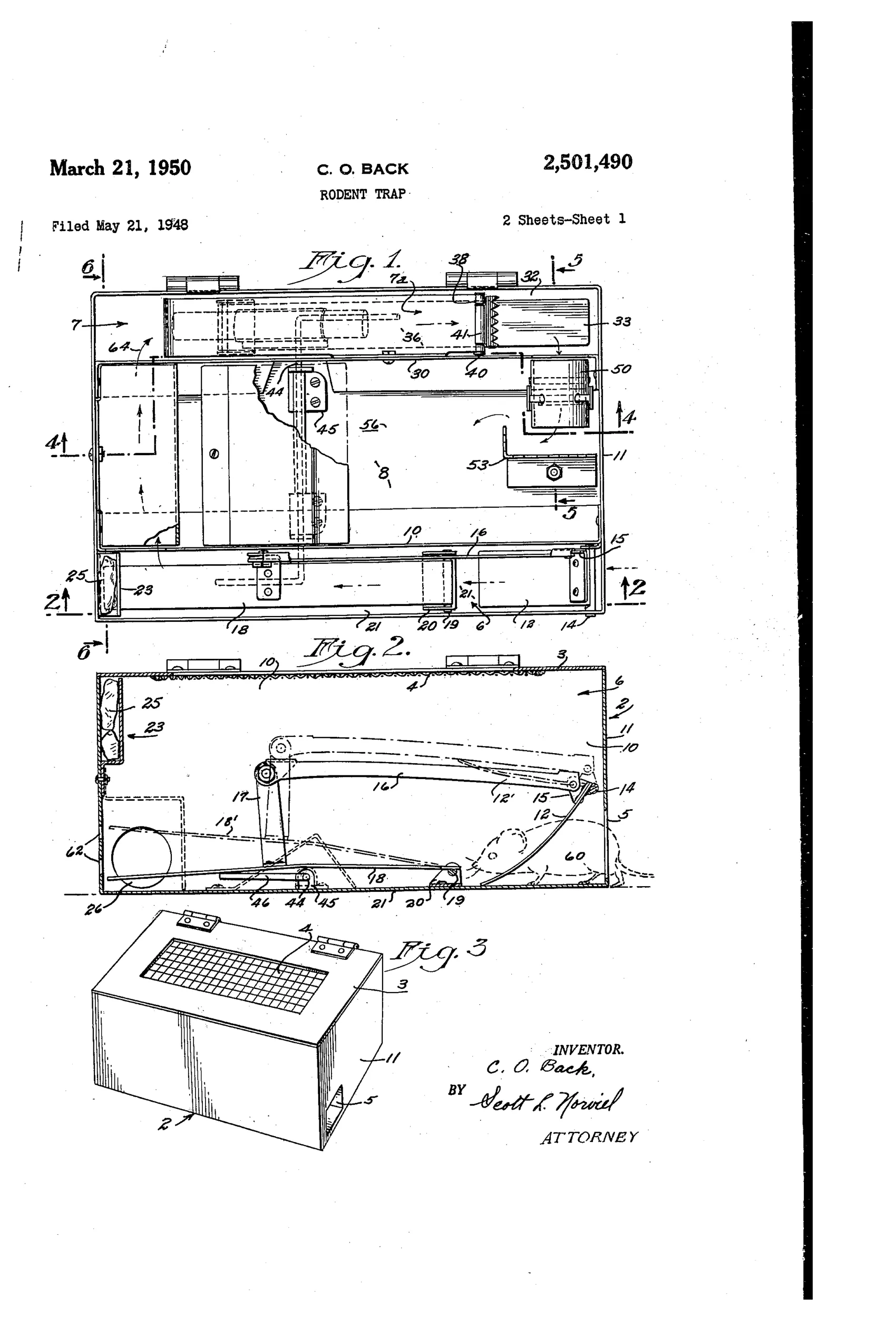 Patent drawing of a rectangular metal rodent trap case showing internal partitions forming an entrance runway, transverse passageway, reset runway, and central pen, with hinged floor plates, cranks, links, a rolling-ball positioning tube, and non-return gates labeled with numbered reference lines.