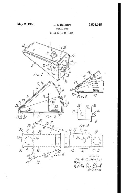 Patent drawing of a wedge-shaped mouse trap showing a sliding jaw member with a serrated opening, a fixed front wall, a pivoting trigger with bait tongue, and sheet-metal blank patterns for assembly.