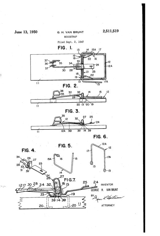 Patent drawing showing a wooden-base mousetrap with a U-shaped wire spring jaw, a bait pedal with trigger, and a locking bar mechanism, illustrated in seven figures from top, side, and perspective views.