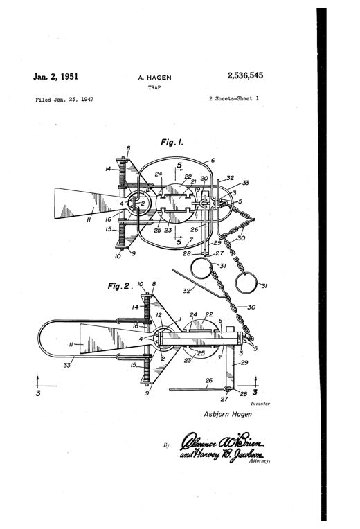 Patent drawing of a Y-shaped animal trap showing spring-loaded U-shaped jaws, a hinged treadle pan, locking pin mechanism, and a pivoting guard beneath the jaws, connected to a chain with rings for tethering.