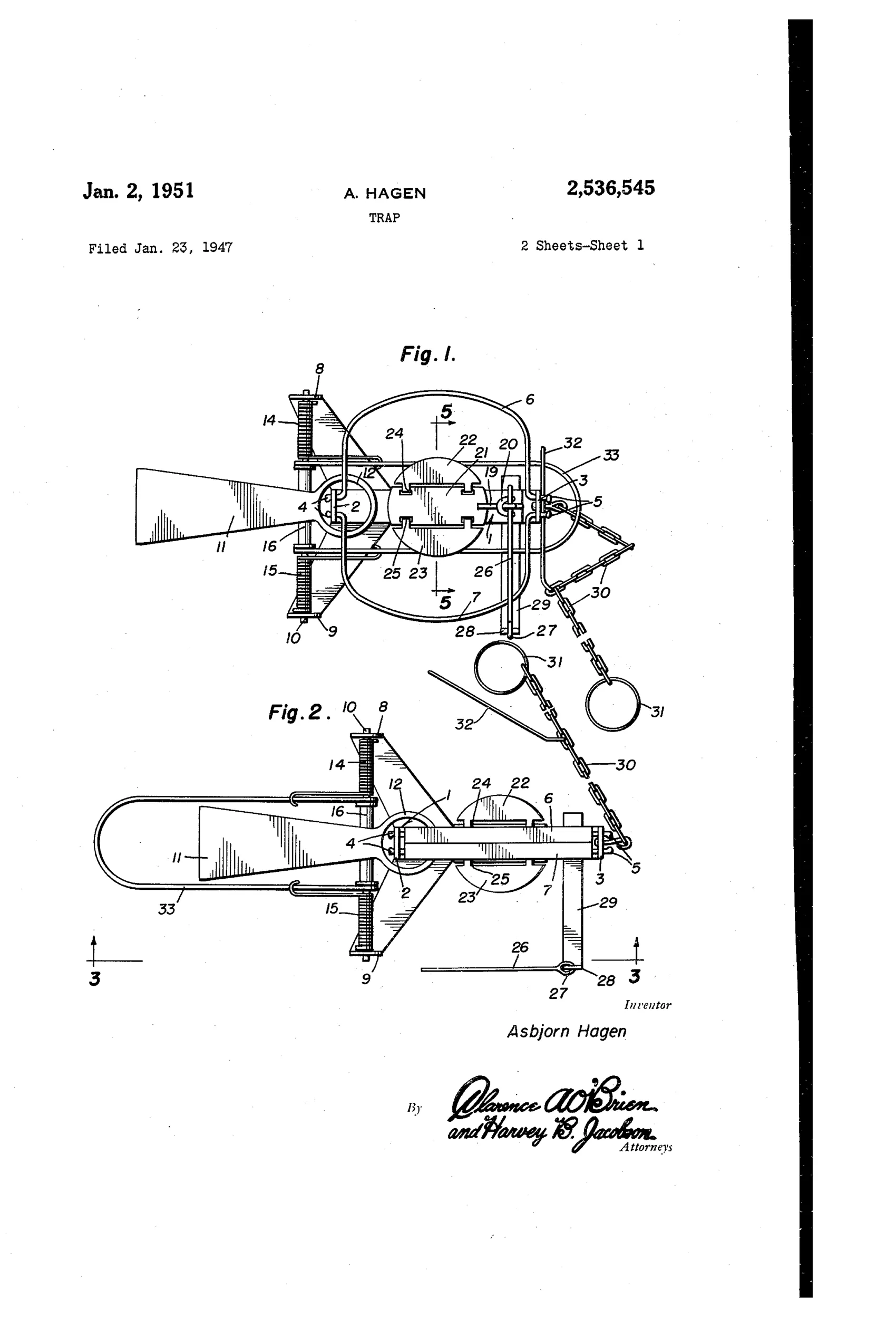 Patent drawing of a Y-shaped animal trap showing spring-loaded U-shaped jaws, a hinged treadle pan, locking pin mechanism, and a pivoting guard beneath the jaws, connected to a chain with rings for tethering.