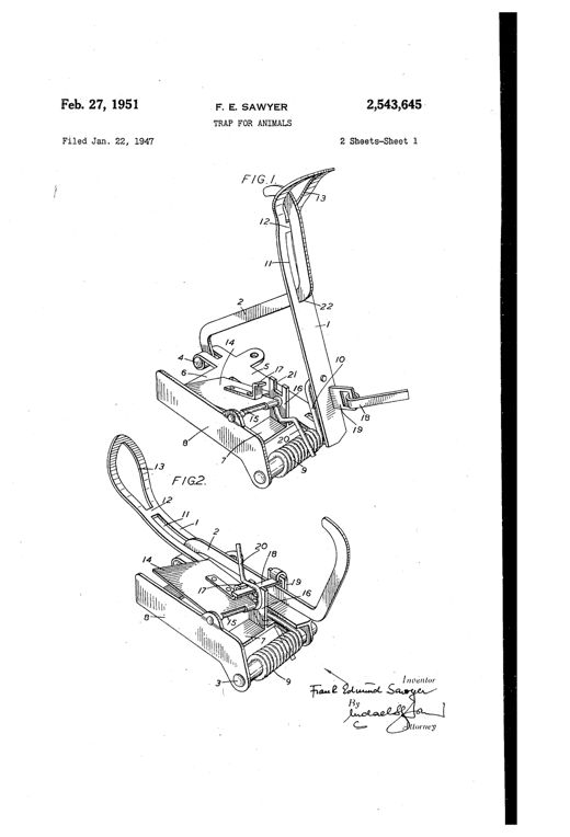 Exploded perspective drawings of a mechanical rabbit trap showing two curved pivoted metal arms, a torsion spring coil, a slotted trigger platform, and a hooked safety catch, labeled with numbered reference lines 1 through 22.