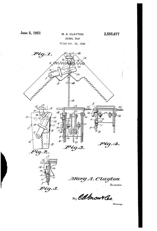 Patent drawing of a jawed animal trap with serrated jaw edges, showing a spring-loaded toggle and trigger mechanism, a pivoting safety strip with a lug, and cross-sectional views labeled Fig. 1 through Fig. 5 with numbered parts.