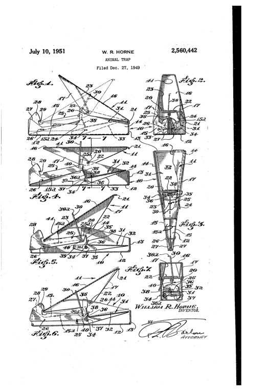 Patent drawing of a sheet-metal rodent trap shown in side elevation, with a triangular base plate forming a stationary jaw, a hinged triangular upper plate forming the movable jaw, a coil spring at their central pivot, a bait-bearing trigger apron near the jaws, and a swinging detent arm at the rear that locks the upper jaw open, illustrated in both closed (solid lines) and open, set (dotted lines) positions, with additional cross-section and end-view figures showing the internal trigger and detent linkage.