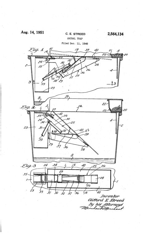 Patent drawing showing three cutaway diagrams of a mechanical animal trap mounted atop a pail, with a hinged runway, toggle links, tripping lever, and a covered bait box at one end, illustrated in set and tripped positions plus a bottom plan view.