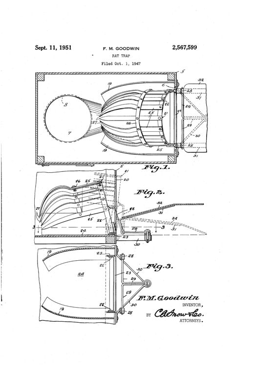 Patent drawing showing a boxlike rat trap housing in cross-section with a curved finger guard closure at the entrance, an external treadle bar, and a rear outlet flange leading to a bait receptacle, with three figures labeled Fig. 1, Fig. 2, and Fig. 3 and the inventor's signature at bottom.