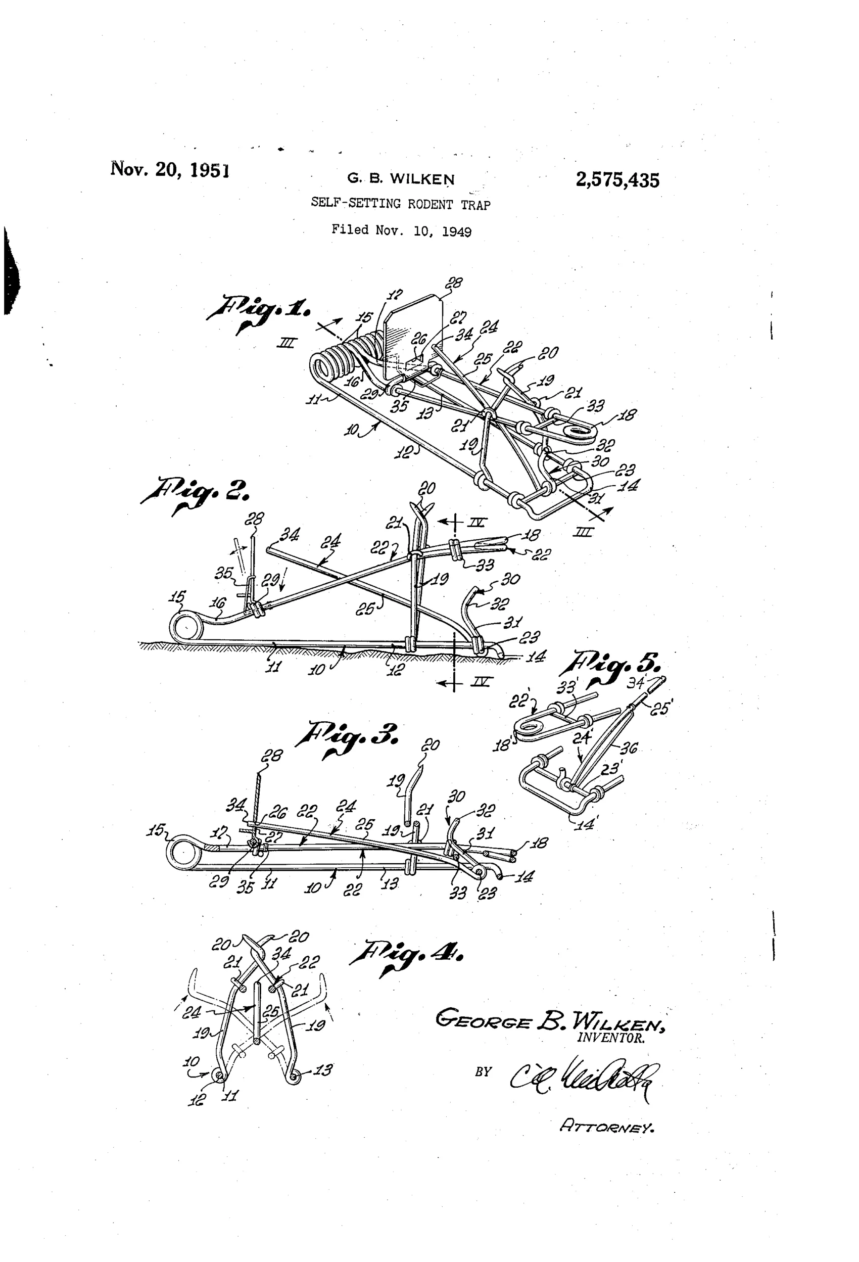 Patent drawing of a wire-frame gopher trap showing a U-shaped base with helical springs, upward piercing arms, an overlying thumb-actuated setting lever, and a hinged trip plate, illustrated in perspective, side, and sectional views labeled Figures 1 through 5.