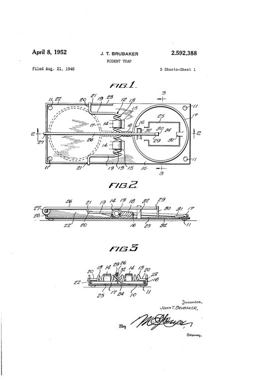 Patent drawing showing a rectangular sheet-metal rodent trap with a wire striker held by coil springs, a bait holder pedal, and a pivoting latch rod, shown in plan and section views across multiple alternative designs.