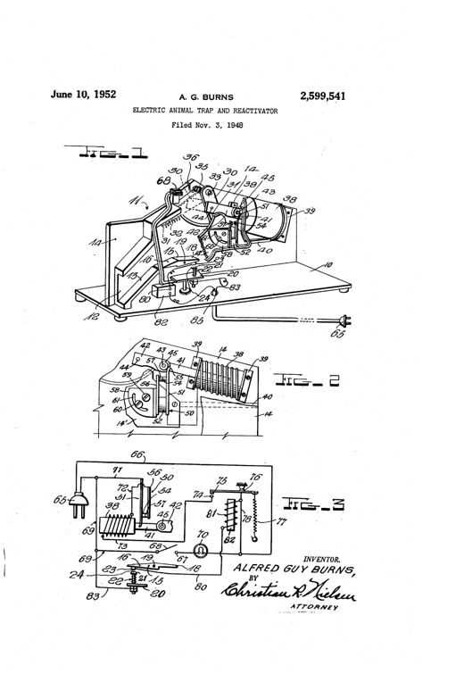 Perspective cutaway drawing of a boxy electric rodent trap showing an entrance ramp leading to a tiltable platform, a solenoid-driven striker arm above it, and wiring running to an external plug, with two additional diagrams below detailing the switch mechanism and full wiring schematic.