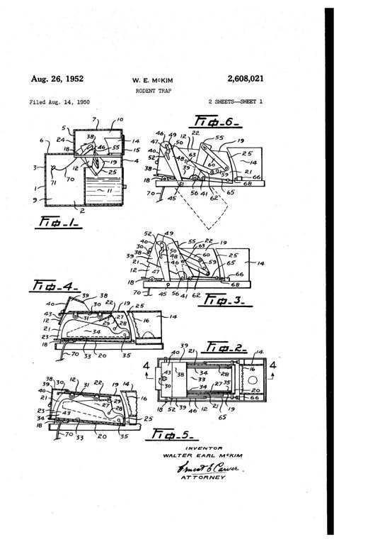 Patent drawing of a rodent trap showing a casing with a pivoted tunnel, depressible runway, hinged gate, linked weight arms, and a water tank below for drowning trapped rats.