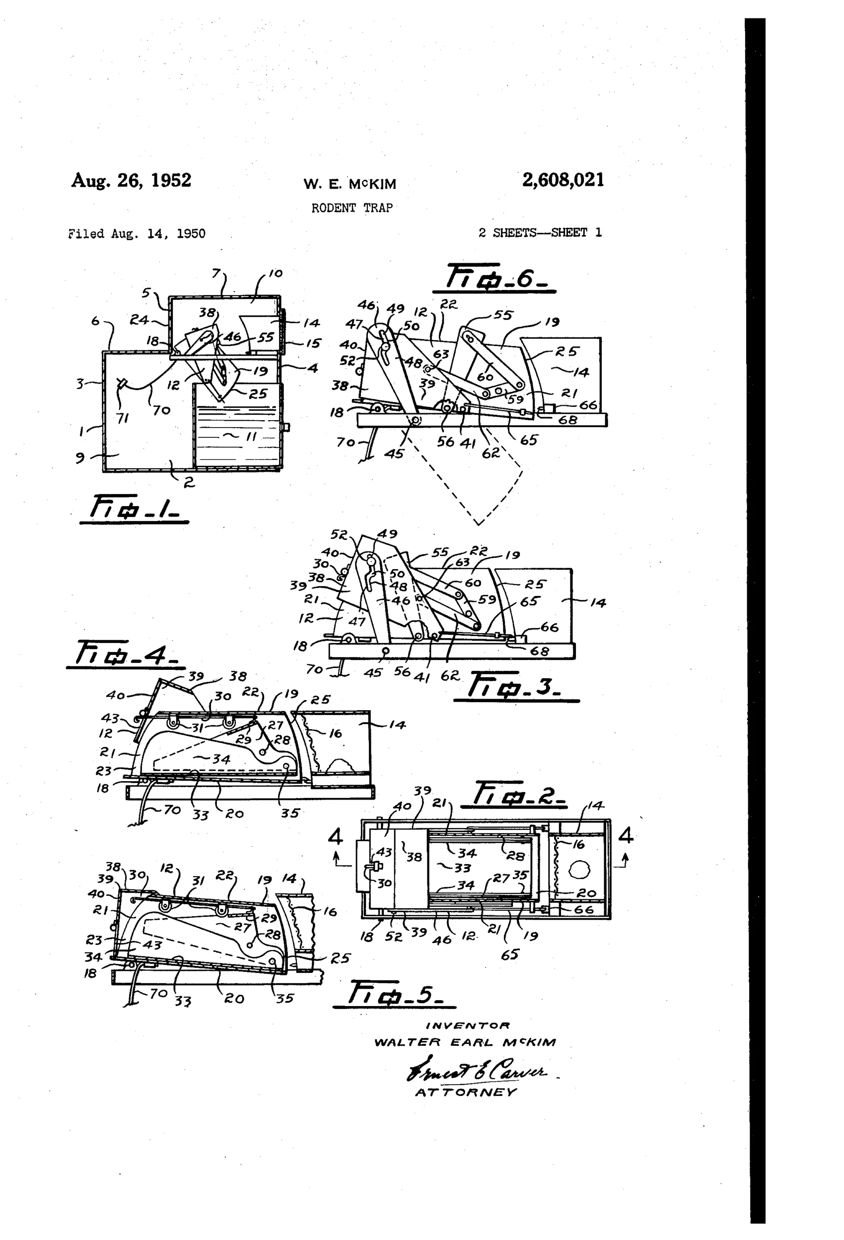 Patent drawing of a rodent trap showing a casing with a pivoted tunnel, depressible runway, hinged gate, linked weight arms, and a water tank below for drowning trapped rats.