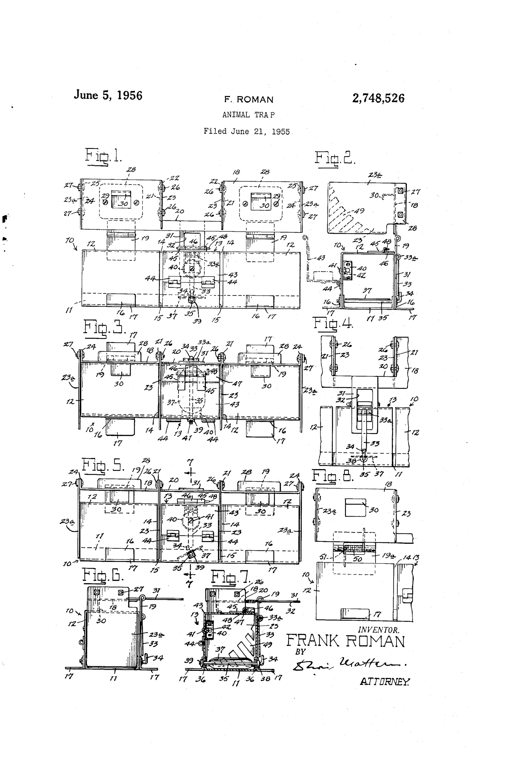 Patent drawing sheet showing eight figures of a rectangular tunnel-like animal trap housing with a hinged blade-supporting lid, weights, tilt rod, bait cup, and interchangeable blade attachments at the center and end sections, labeled with numbered reference lines.