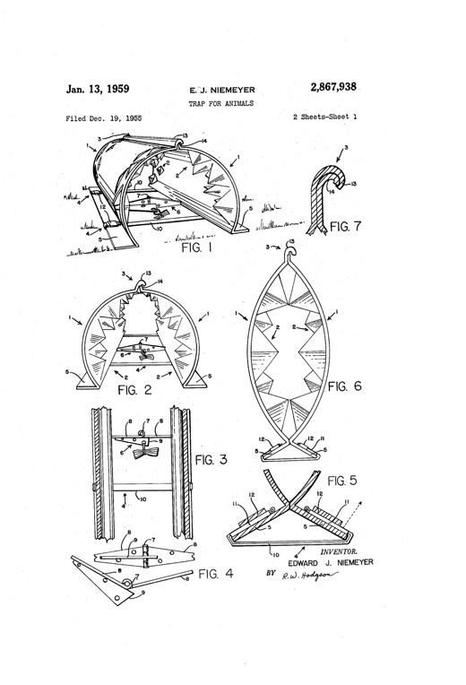 Patent drawing of a curved sheet-metal animal trap with spiked ends, shown open in perspective with an internal bait-triggered hinge, and separately closed, hinged, and stacked for storage.