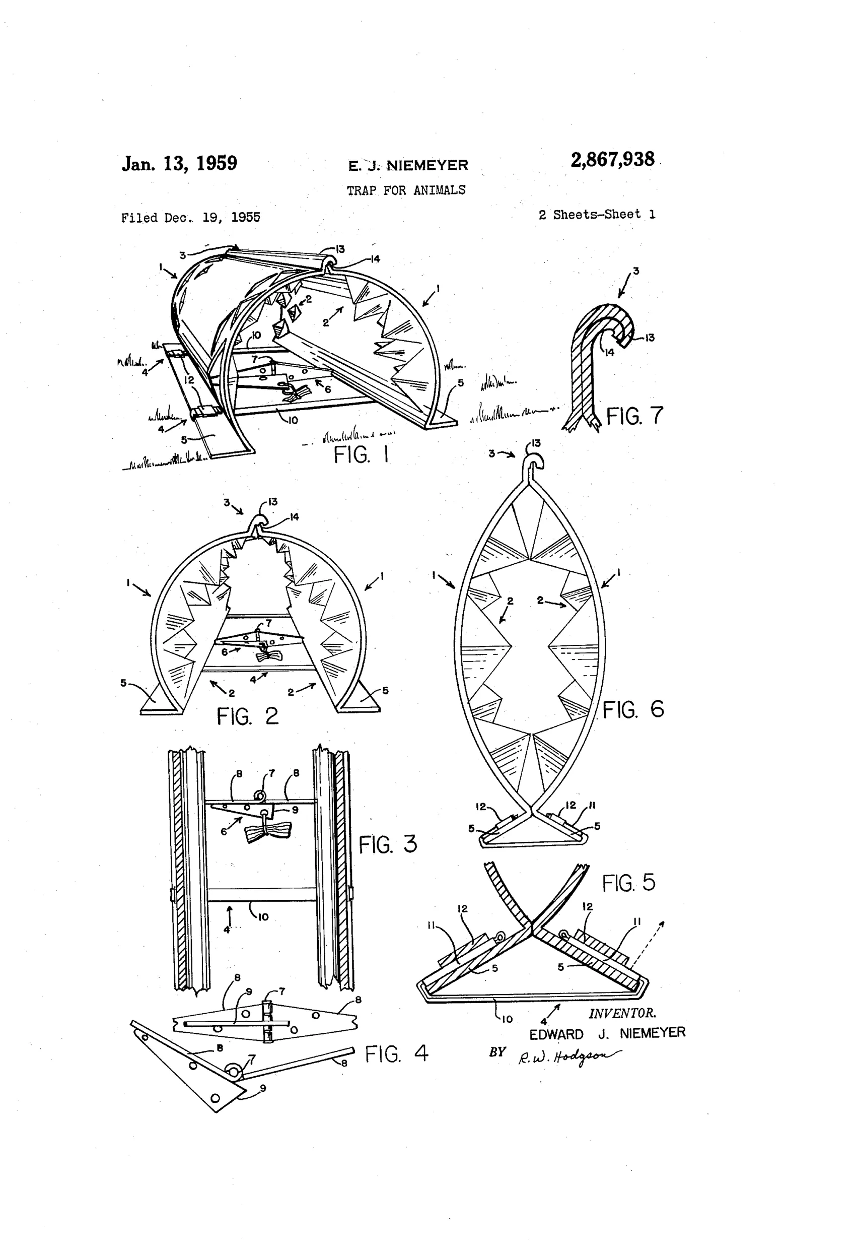 Patent drawing of a curved sheet-metal animal trap with spiked ends, shown open in perspective with an internal bait-triggered hinge, and separately closed, hinged, and stacked for storage.