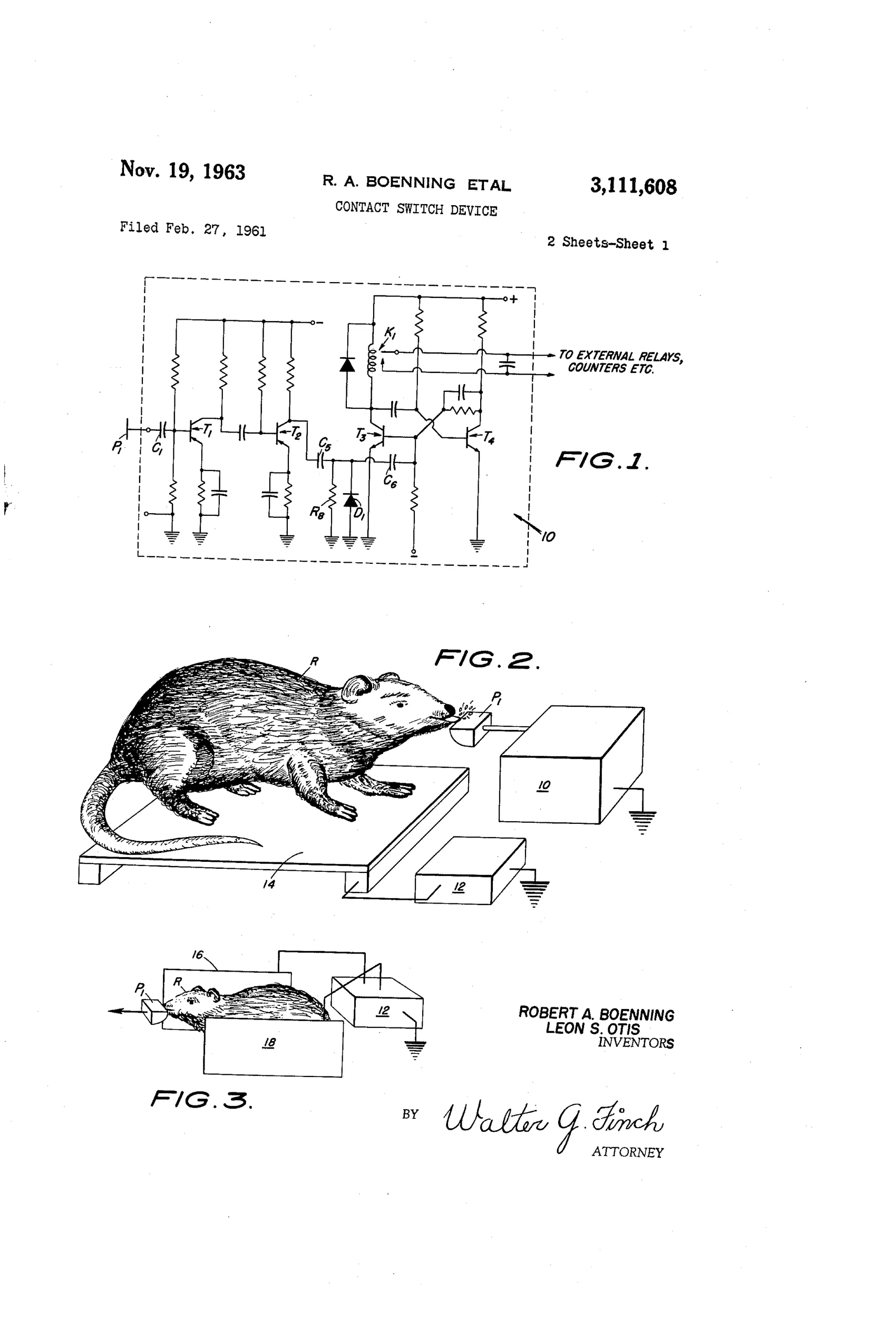 Patent drawing showing an electronic circuit schematic with transistors and a relay, alongside an illustration of a rat touching a metal contact plate connected to a boxed circuit labeled '10' on a grounded metal floor.