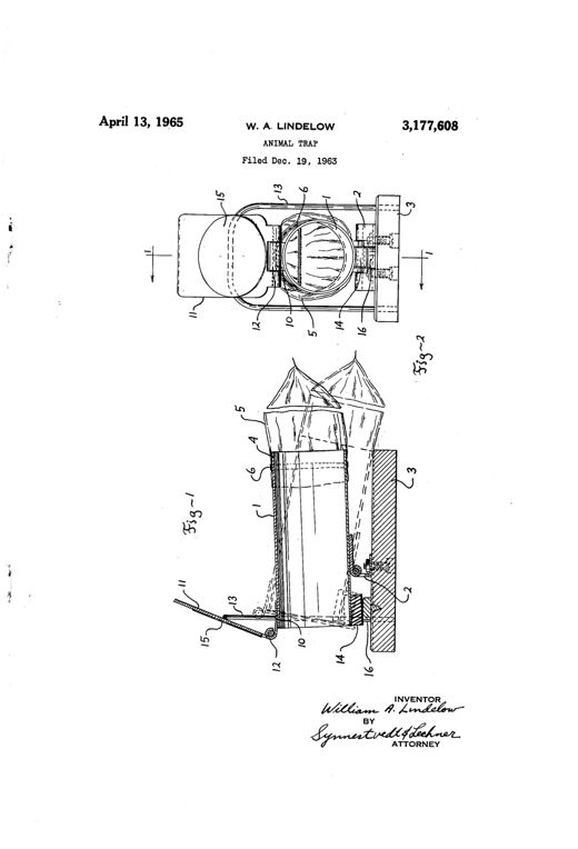 Patent drawing of a cylindrical tilting animal trap showing a side elevation with a disposable bag on one end and a hinged door on the other, plus a front view looking into the tube's open mouth with numbered parts including the pivot, hinge, door, magnet, and bag.