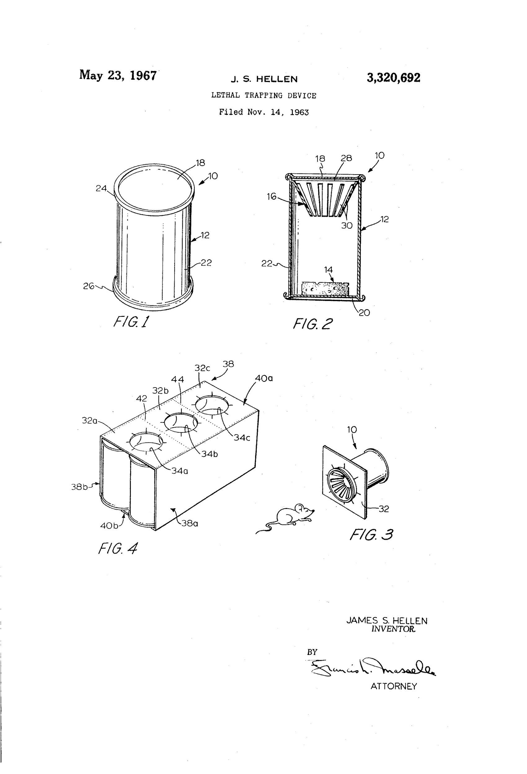 Patent drawing of a small cylindrical tin can trap with a conical finger-valve entrance at one end and poisoned bait fixed at the other, plus a six-pack cardboard carton with roll-preventing collars for multiple such cans.