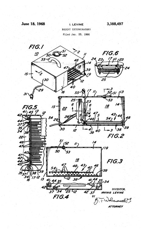 Exploded and sectional patent drawings of a rectangular plastic rodent exterminator box showing a handle, bait access opening, internal transformer compartment, and two parallel rod grills forming electrodes inside an open-front chamber.