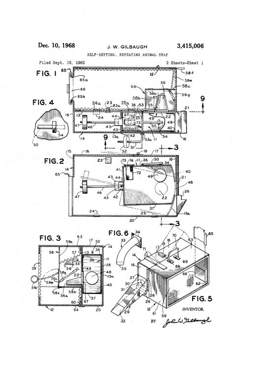 Patent drawings show a rectangular box trap with an internal pivoting compartment, counter-balance weights on threaded rods, a latch pin and stop mechanism, a funnel-shaped release projection, and an attached wire-mesh carrying cage with a sliding rear door.