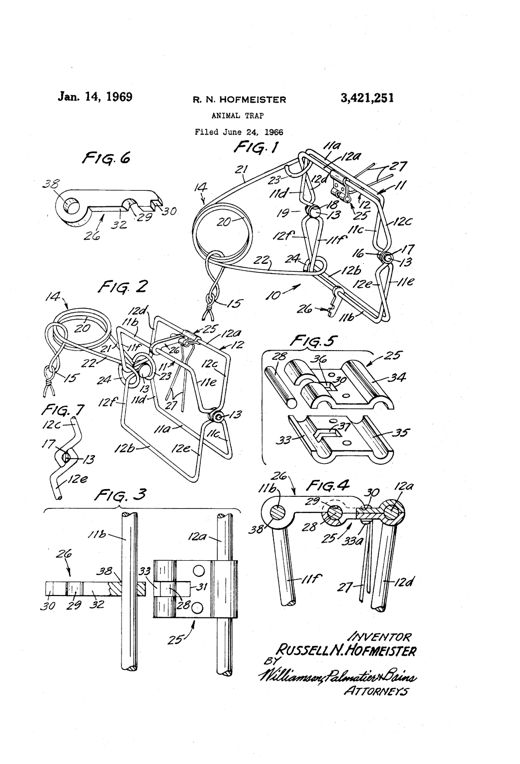 Line drawing of a wire animal trap with two spring-biased jaw loops joined by a central coil spring, a rotatable latch and trigger mechanism with protruding trigger wires, shown in relaxed (Fig.1) and set (Fig.2) positions, with detailed close-ups of the latch, trigger, and pivot components in Figs. 3-7.