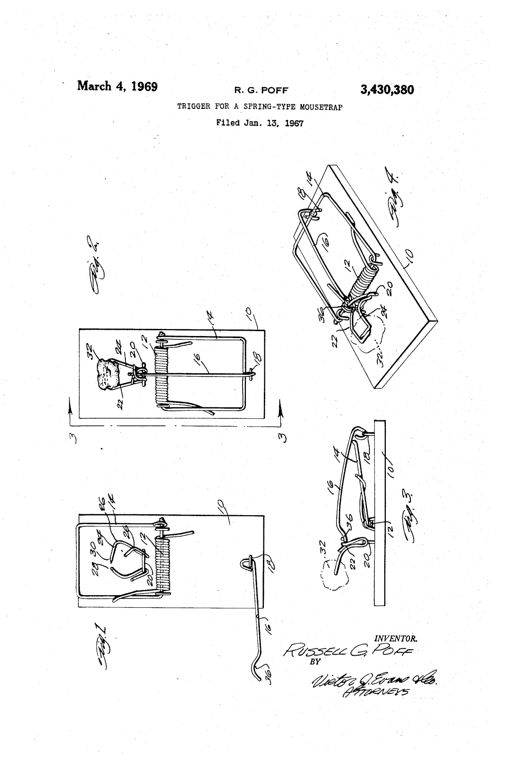 Patent drawing of a rectangular wooden mousetrap base showing a coil spring, a U-shaped wire clamp, a pivoted lever, and a pair of small wire bait holders with bent fingers holding a piece of bait, illustrated in plan, side, and perspective views.