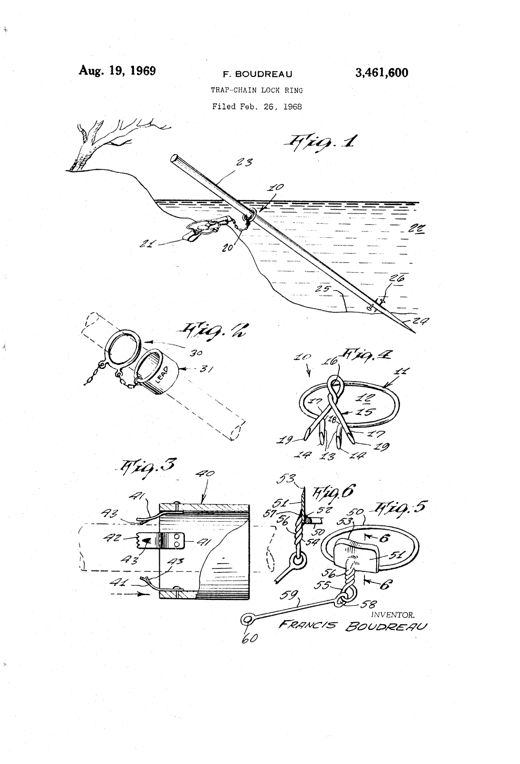Patent drawing showing a metal ring with sharp prongs sliding down a sharpened pole driven into a pond, connected by chain to an animal trap at the water's edge, with additional detail views of the ring, a leaded weight version, and a toothed sleeve version.