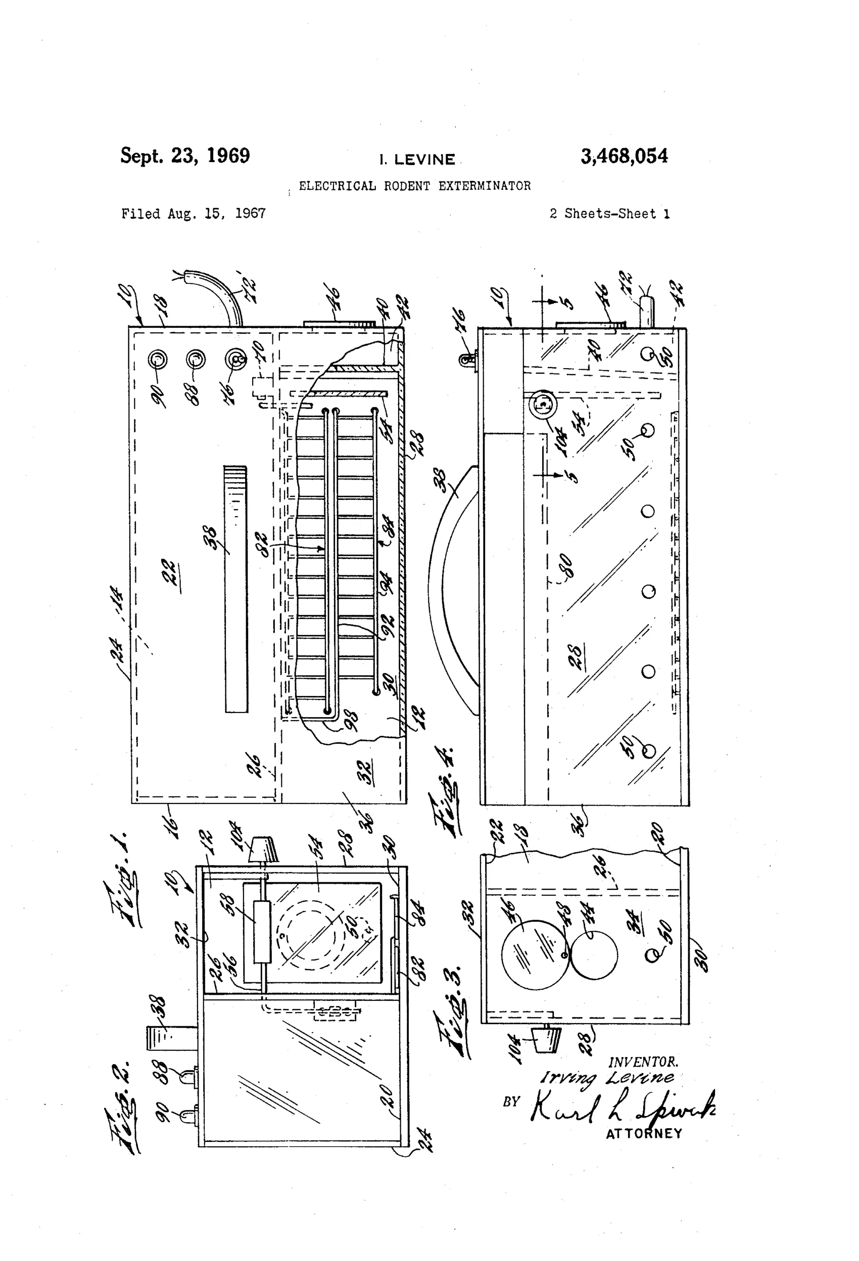 Patent drawing of a rectangular rodent exterminator box showing a floor grid, swinging baffle, magnet-held trip switch, transformer, and timer wiring diagram.
