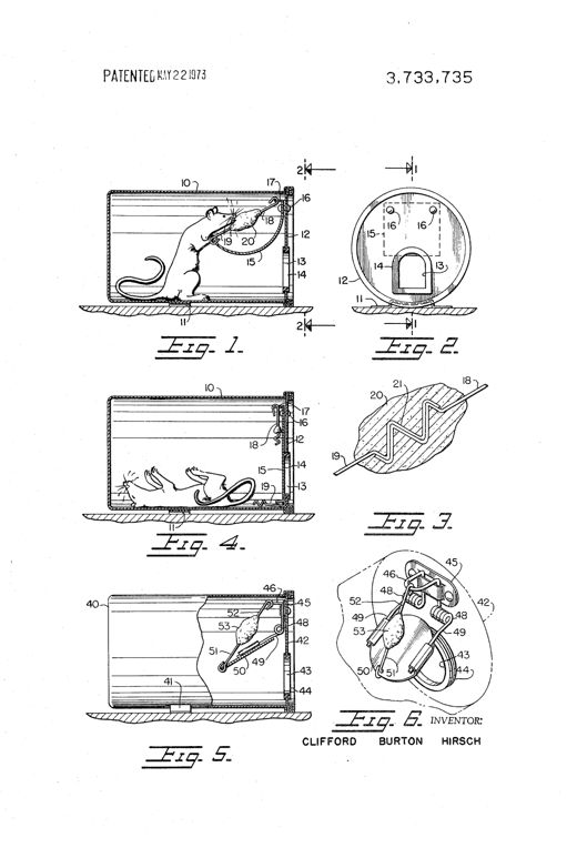 Cutaway drawing of a cylindrical can-shaped trap showing a rat reaching through a small opening to bite bait attached to a spring-loaded door, with numbered parts labeling the container, door, links, and rivets.