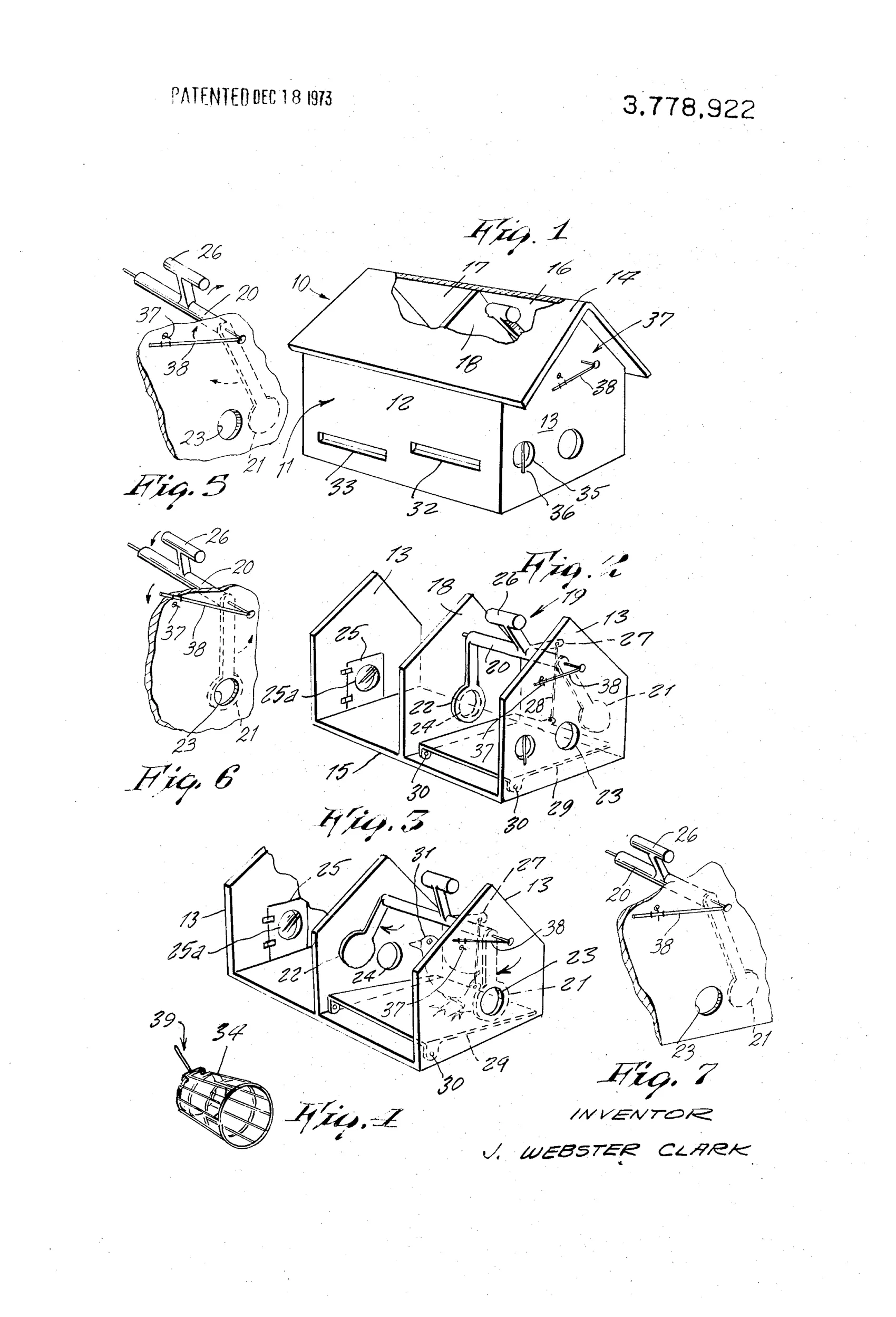 Line drawing of a purple-martin-style birdhouse trap with a peaked roof, two entrance slots on the front wall, and an internal partition dividing it into two chambers, with a pivoting rod and paddle mechanism, counterweight, and an external wire indicator visible on the roof and end wall.