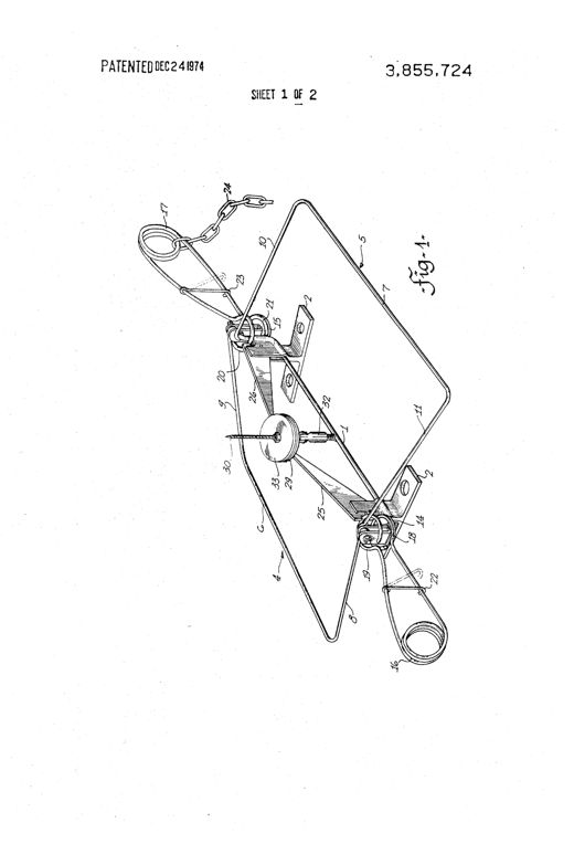 Exploded perspective drawing of a wire-frame animal trap showing two pivoting rectangular jaw frames connected by coil springs and rings, with a central bait holder and disc-shaped trigger mechanism mounted on a base bar.