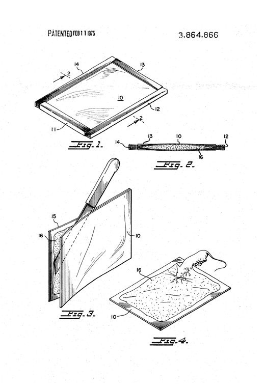 An exploded-style perspective drawing of a rectangular two-panel board trap with U-shaped edge brackets labeled 11-14, a center adhesive layer, a hand slicing the panels apart with a knife, and a final drawing showing a mouse stuck on the exposed adhesive-coated board.